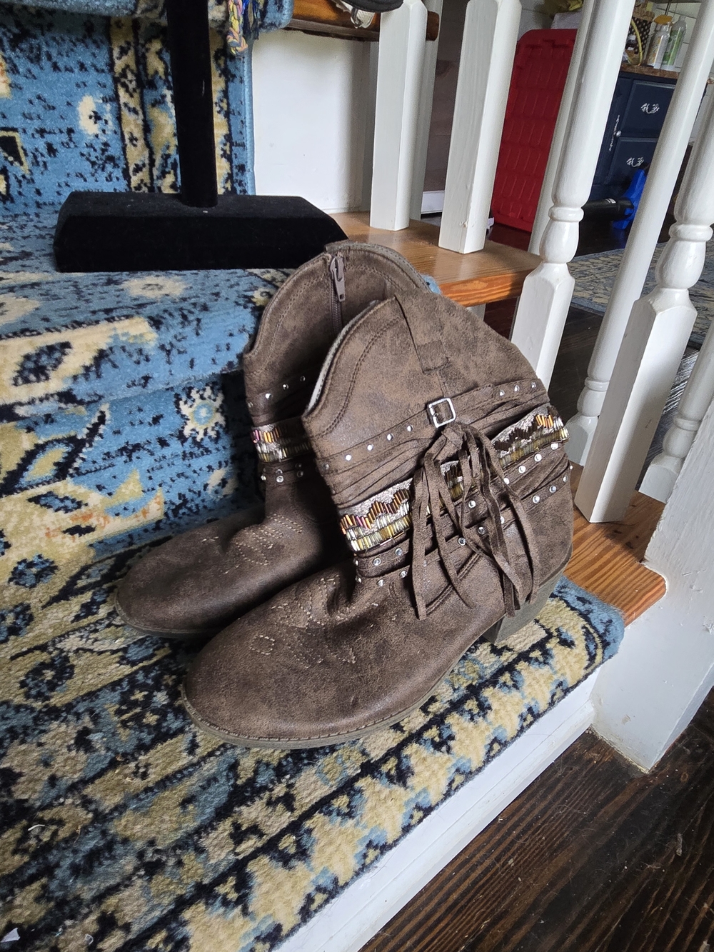 Justice Brown Suede Fringe Ankle Boots with Beaded Detail
